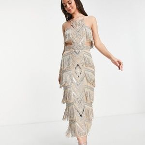 ASOS DESIGN high neck embellished pencil dress with fringe in beige